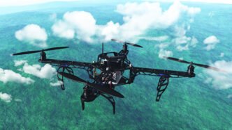 Vol de drones au-dessus de la ville, illustrant la surveillance aérienne moderne — Image : Freepik