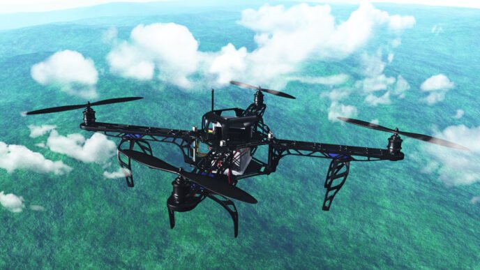 Vol de drones au-dessus de la ville, illustrant la surveillance aérienne moderne — Image : Freepik