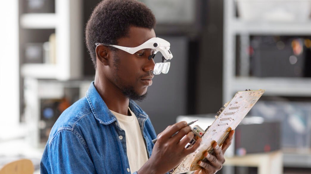 Gros plan sur un homme réparant des puces informatiques Crédit image : Freepik